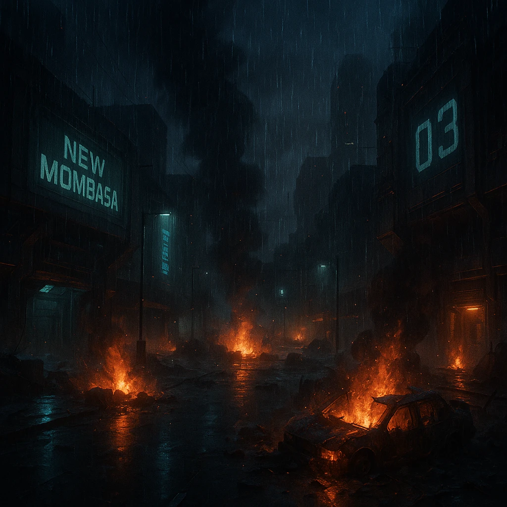 Night time streets of New Mombasa from ODST. "Mombasa Streets"  dying battle flames and smoke rise amongst pouring rain emoji