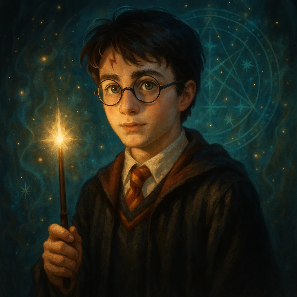 Harry Potter character with round glasses, lightning scar, wizard robe, magical style emoji