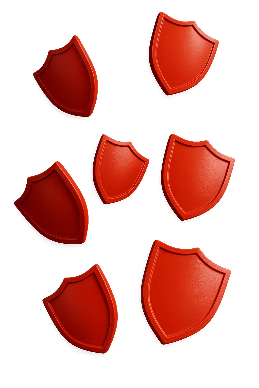 6 scudi 3d rossi che simboleggiano "difesa e protezione", cadono dall'alto casualmente, realistici in 3d, iperrealistico 4k emoji