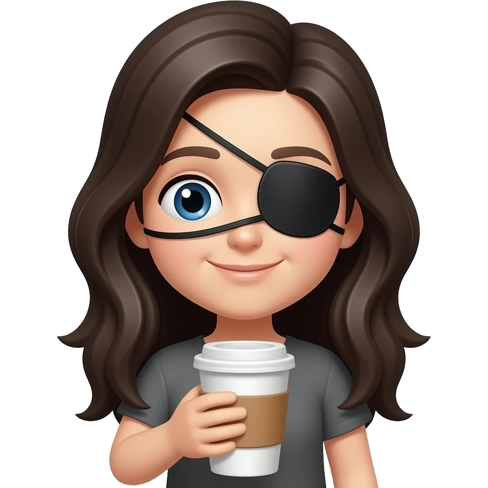 quiero un emoji estilo apple de una chica de piel blanca, morena de pelo, con el pelo suelto y que tenga unos eye patches negros puestos en la cara y que esté sujetando una taza de cafe emoji