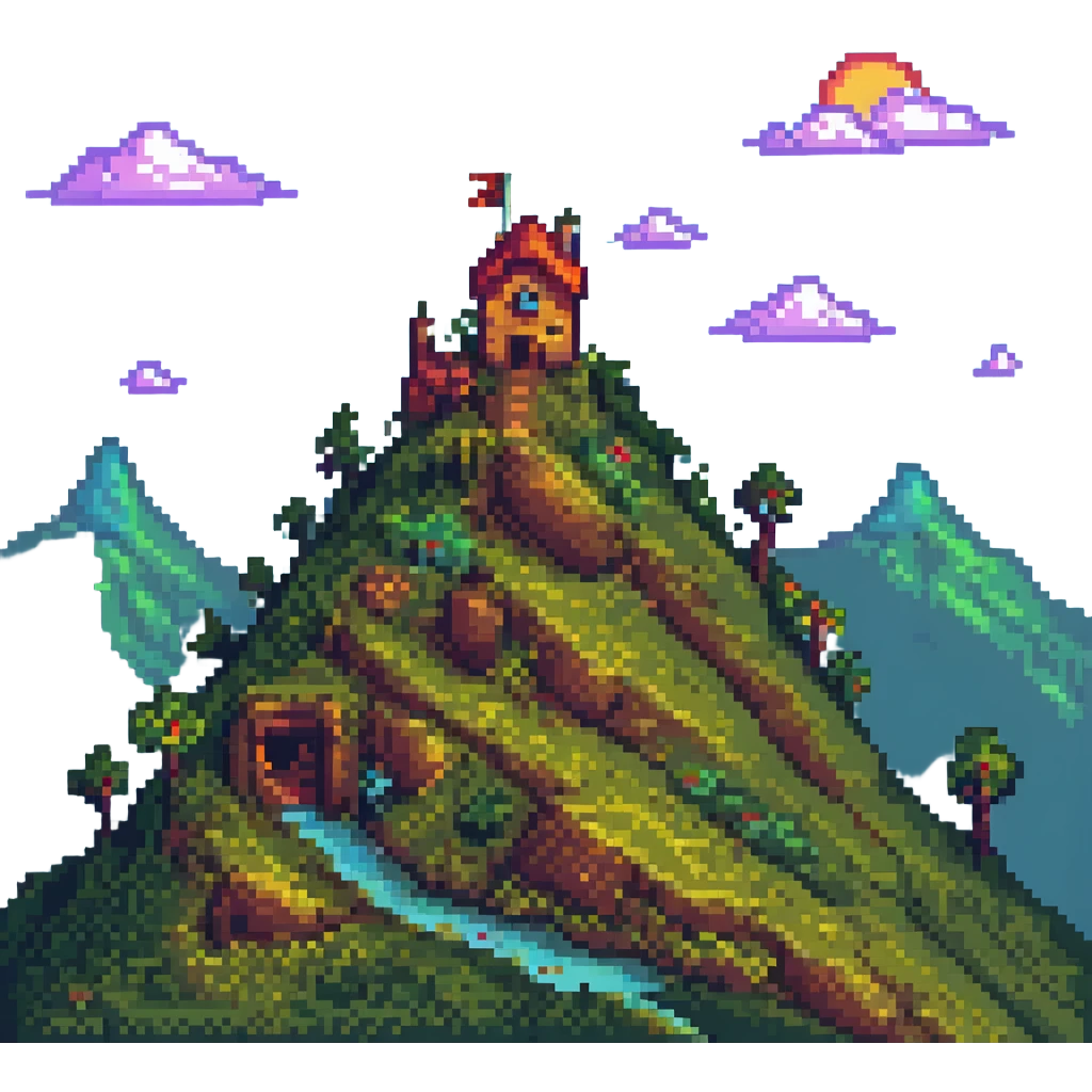 a house on a hill, pixel art style, blocky shapes, vibrant colors, retro video game look emoji