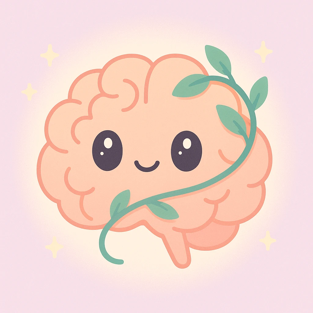 a stylized brain with a green vine wrapping around it, warm and uplifting, mental health support theme, gentle glow, soft pastel palette, cozy and nurturing atmosphere, warm tones, representing positive mental health emoji