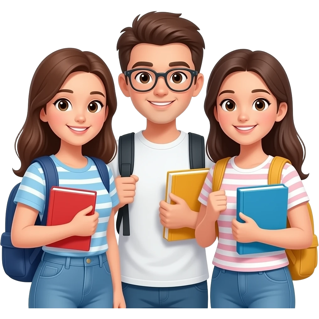아이폰 이모티콘 스타일, 가방을 메고 책을 들고 있는 대학생들, 여름 배경, 상반신 emoji