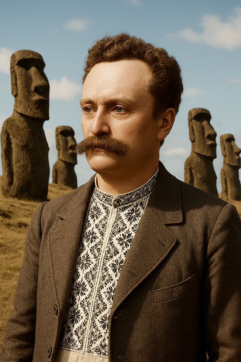 against the backdrop of statues on Easter Island emoji