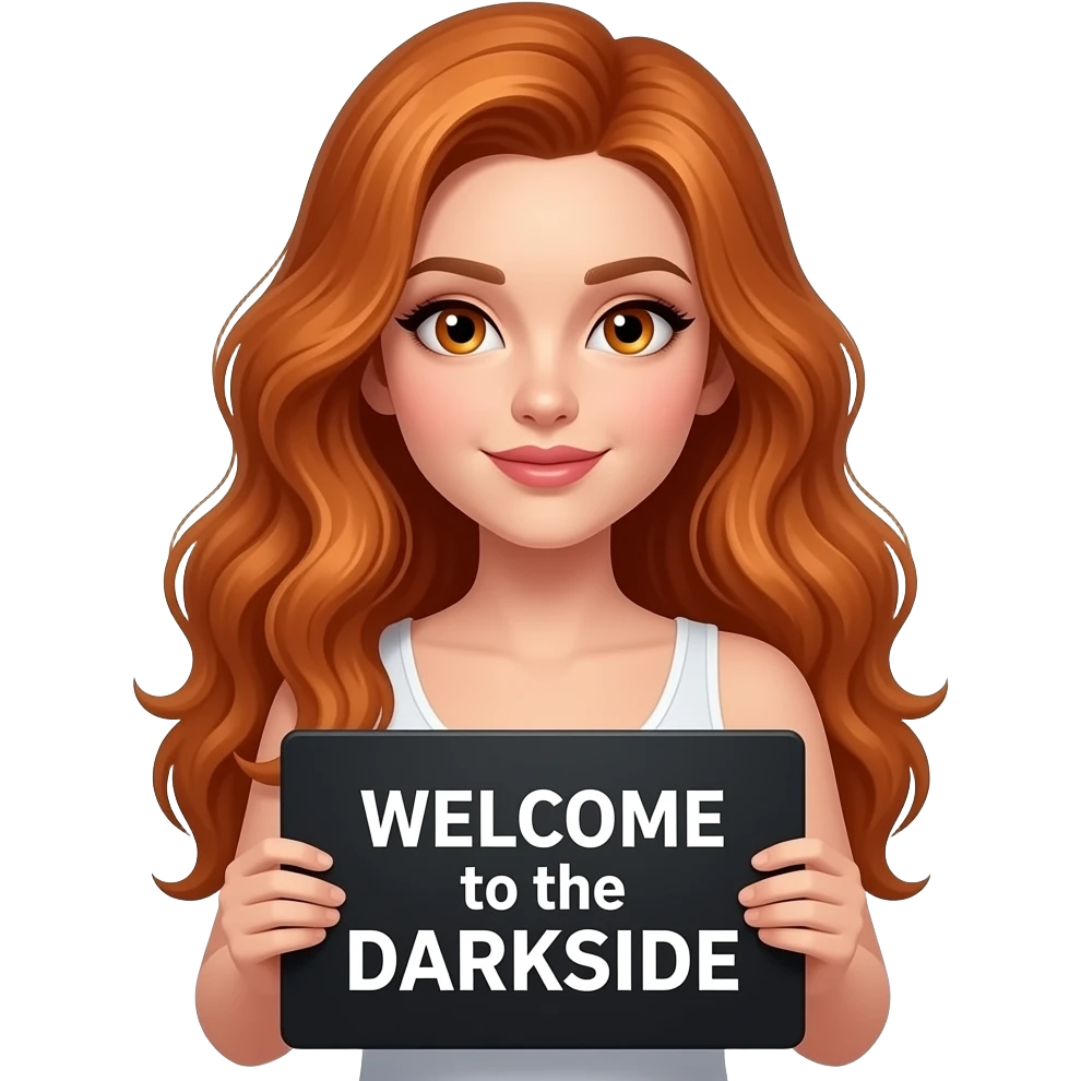 sexy girl with long wavy ginger hair and ginger eyes wearing a white tanktop is holding a black colored sign with WELCOME to the DARKSIDE written on it emoji