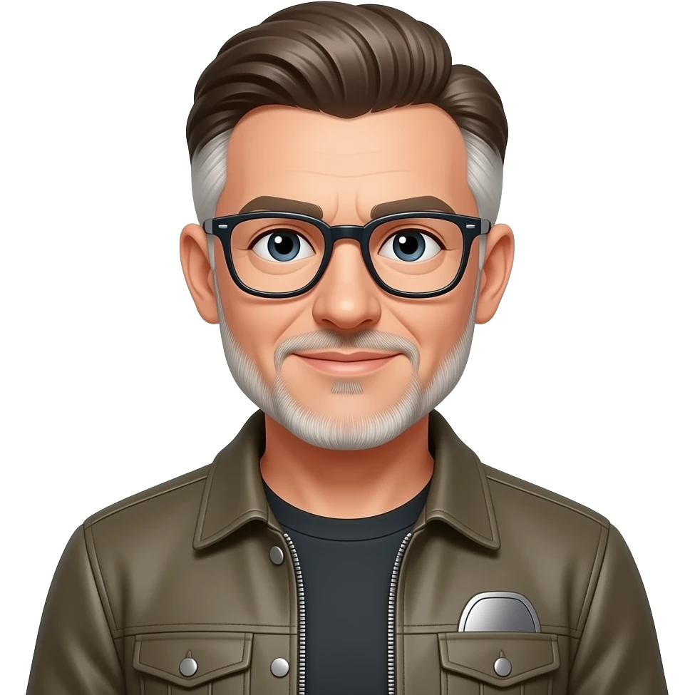 Azme ha un señor con pelo ha los lados de color blanco y con una americana donde en el bolsillo lleve unas gafas metalicas. emoji