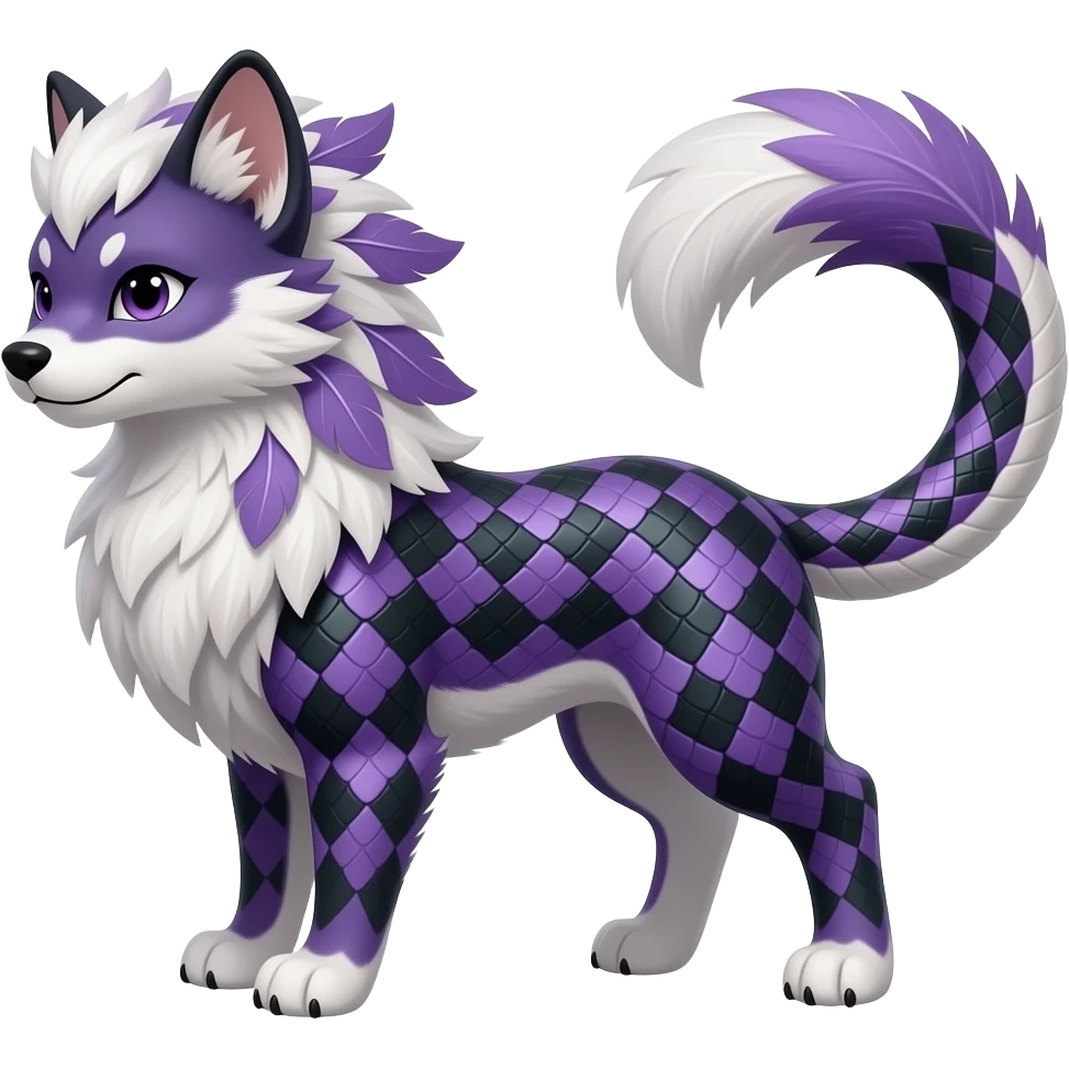 Argyle-patterned Slim stylish feather-maned elegant realistic Asian Furry, feathery fluffy tropical flecked painted feathery scaly, Purple, white, black, Minccino-Bambino-Lykoi-Linoone-Zangoose-fusion-hybrid-animal-Fakémon-creature, full body, thin long sleek scaly tail, intricate markings emoji