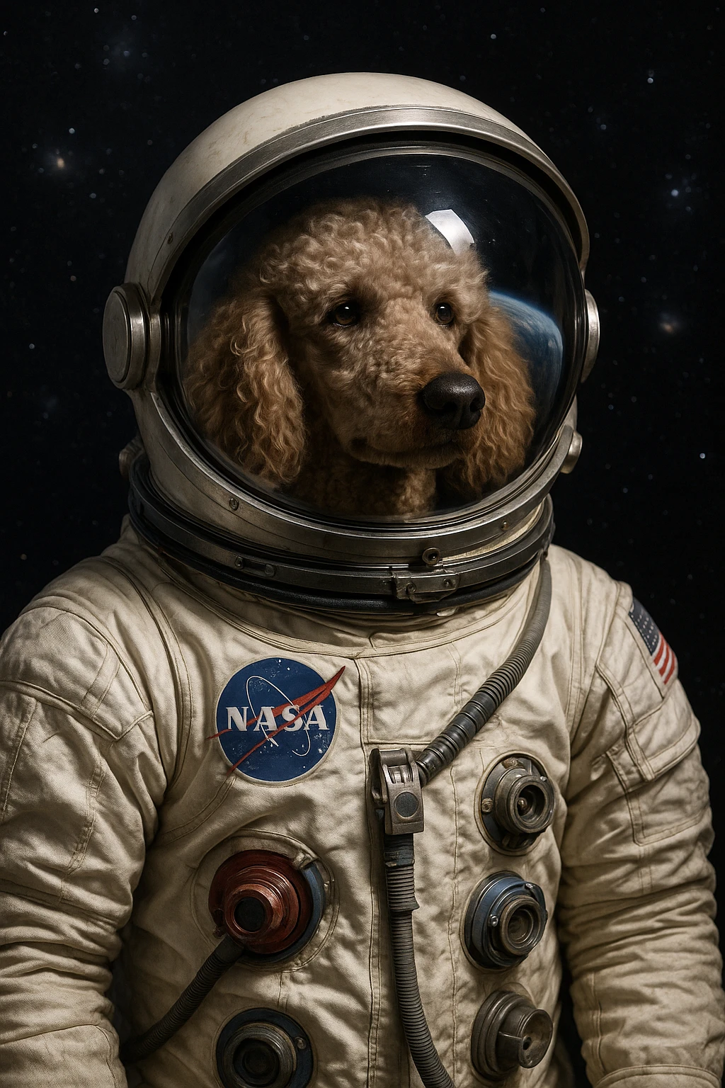 a realistic poodle in a NASA-style spacesuit, helmet with reflection of Earth, deep space background emoji