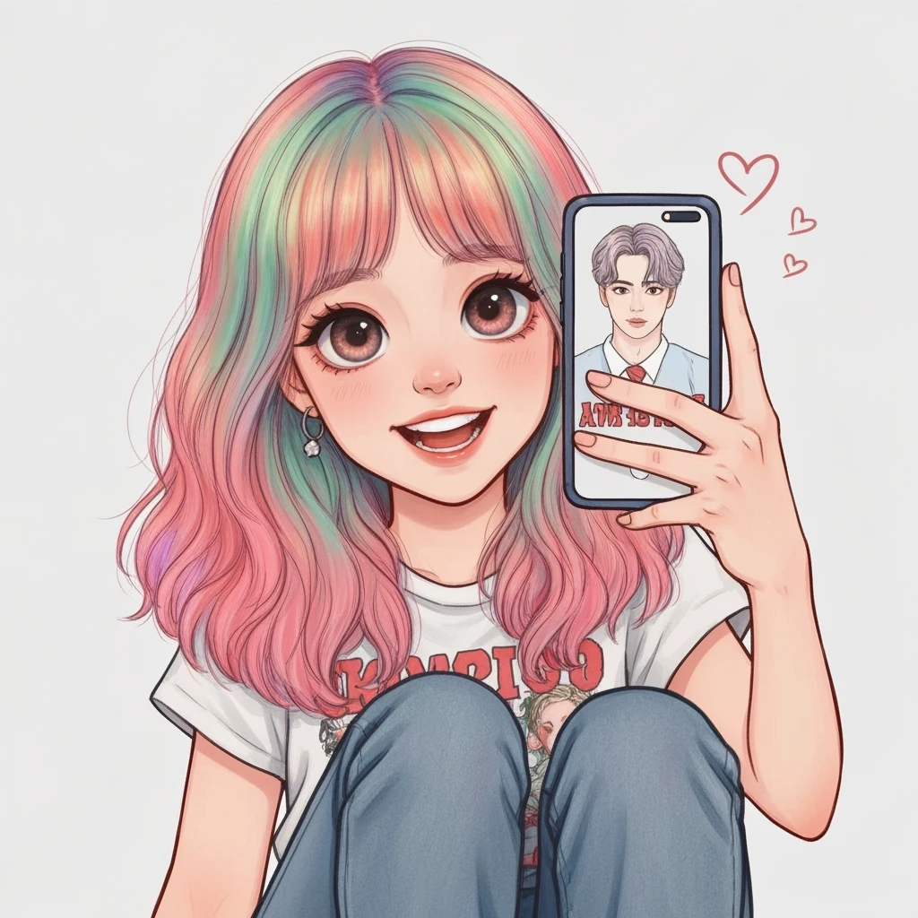 kpop fan selfie, cute, expressive, minimal emoji