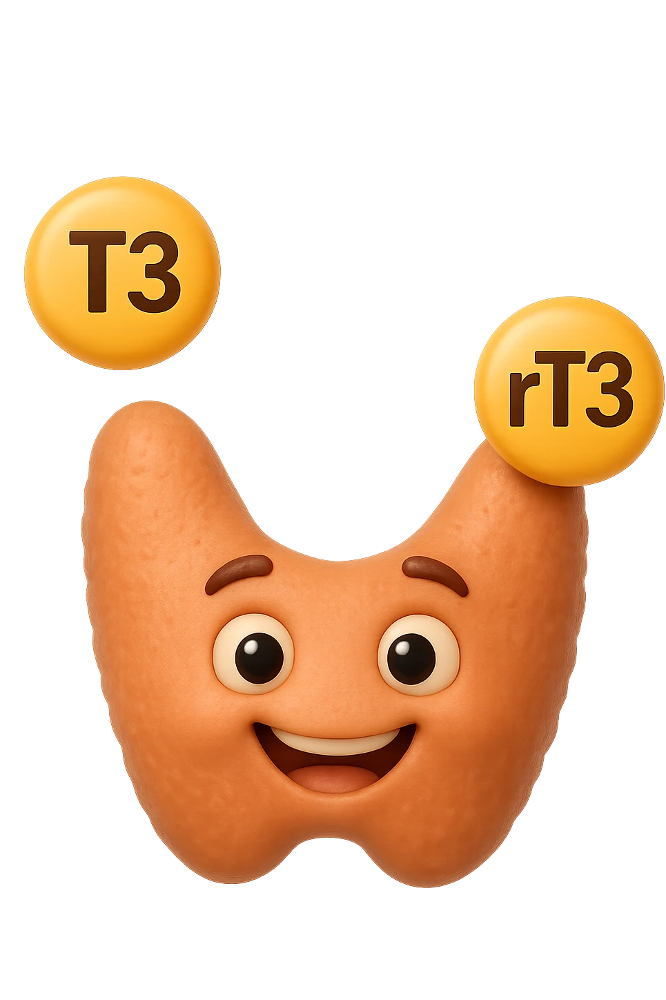 EMOJI STILE IPHONE 3D DI ormoni tiroidei (T3 ed rT3) che fluttuano in aria intorno ad una tiroide felice, iperrealistico 4k emoji