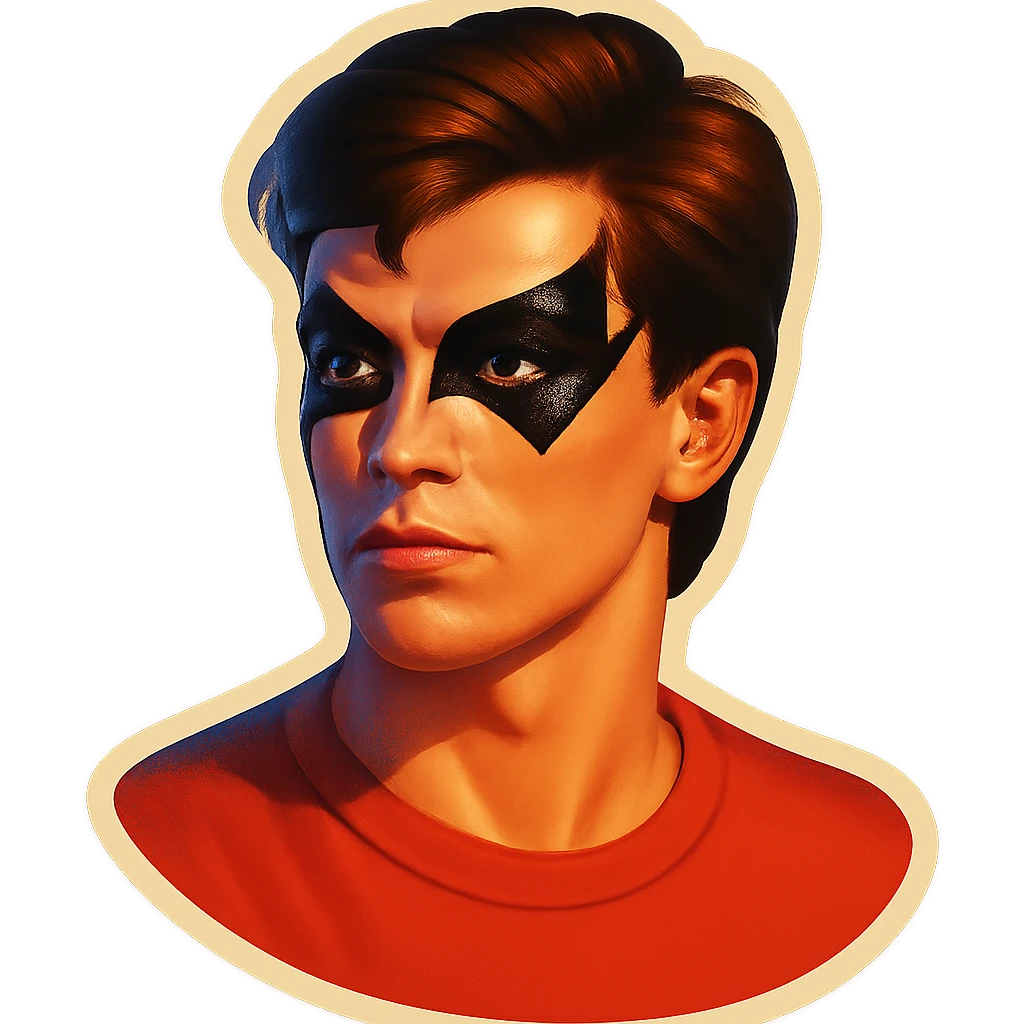 male subject with dramatic, angular black eye makeup, retro sticker style, subject inside image borders, high quality emoji