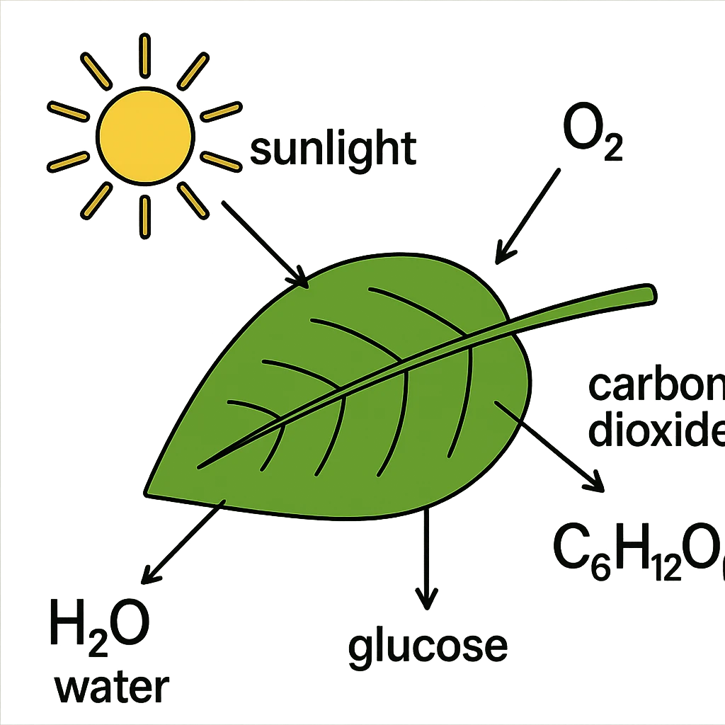 A highly scientific, labeled diagram of the full photosynthesis process, showing sunlight, water, CO2, O2, glucose, and arrows for each step, with clear scientific labeling, no background, transparent background emoji