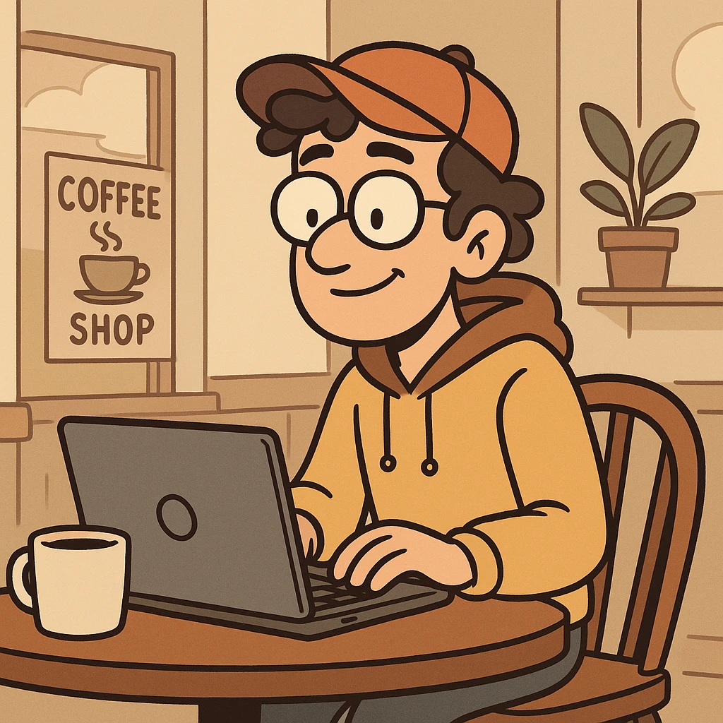 a freelancer at a coffee shop with a laptop, cozy style emoji