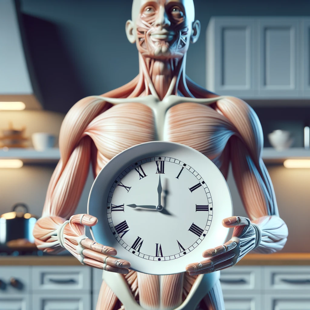corpo umano anatomico, che tiene in mano un piatto bianco con la lancette di un orologio sopra, figura visibile fino ai fianchi, espressione del volto soddisfatta, sullo sfondo la sua cucina sfocata, iperrealistico 4k emoji
