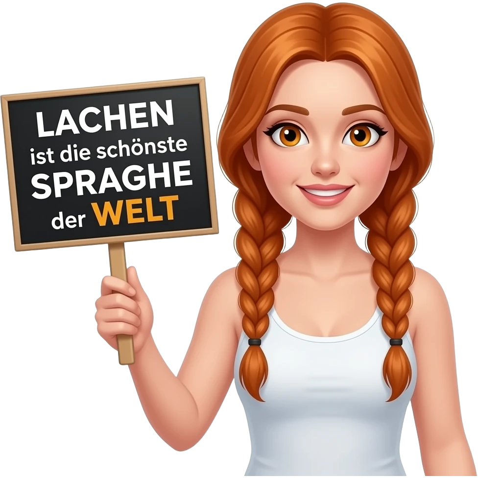 sexy girl with long ginger braids and ginger eyes wearing a white tanktop is holding a black sign with LACHEN ist die schönste SPRACHE der WELT written on it emoji
