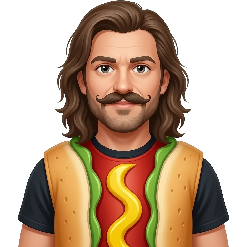 Man with handlebar mustache and long hair in a Hot dog costume at a concert in the mosh pit emoji