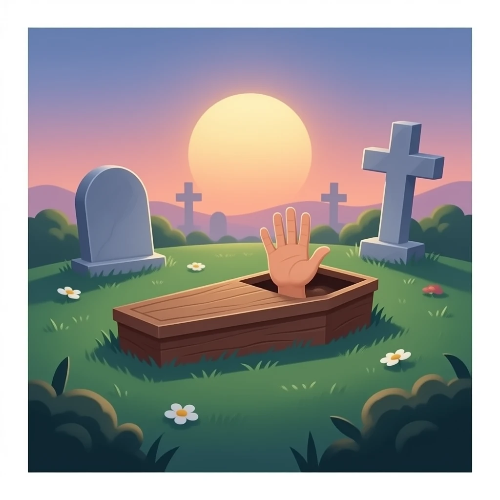 A half buried grave with a coffin and hand sticking out emoji