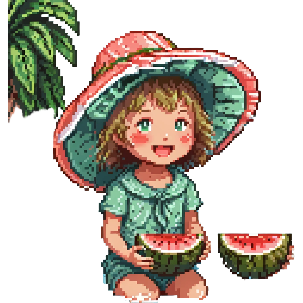 Change the river color to a deep blue, keeping the rest of the pixel art scene the same, with a cheerful child in a big sun hat eating watermelon by a sparkling river, water splashing, summer vibes. emoji