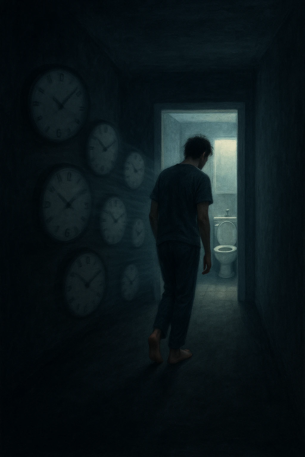 In una scena notturna onirica, un uomo cammina a piedi nudi in un corridoio buio verso un bagno illuminato, ripetutamente. Dietro di lui, come in una scia, ci sono orologi sfocati che simboleggiano il sonno interrotto. Ogni passo è lento, stanco, come se il corpo chiedesse riposo ma la vescica non lo permettesse. emoji