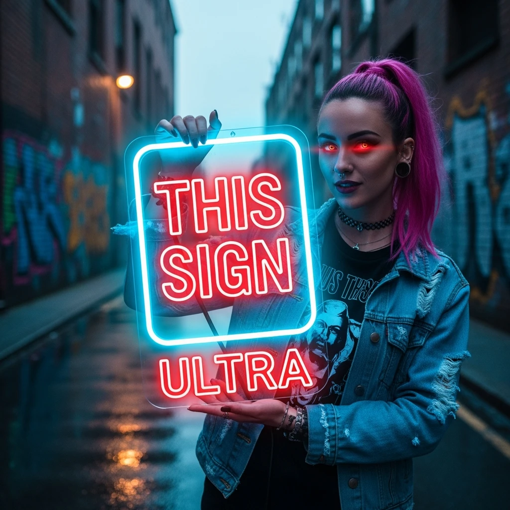 make a girl holding this sign, but sign in made of neon, also add ultra below the sign emoji