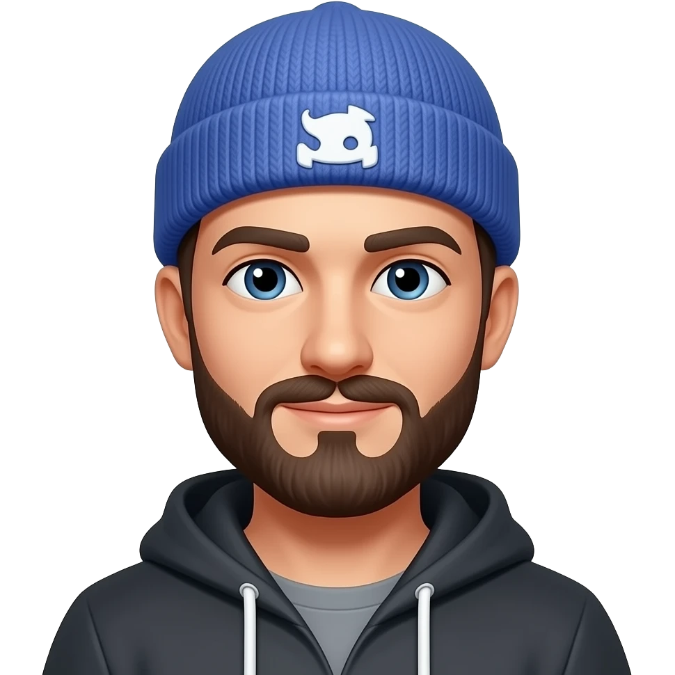 Generate a man with discord hat, with a beard and a mustache emoji