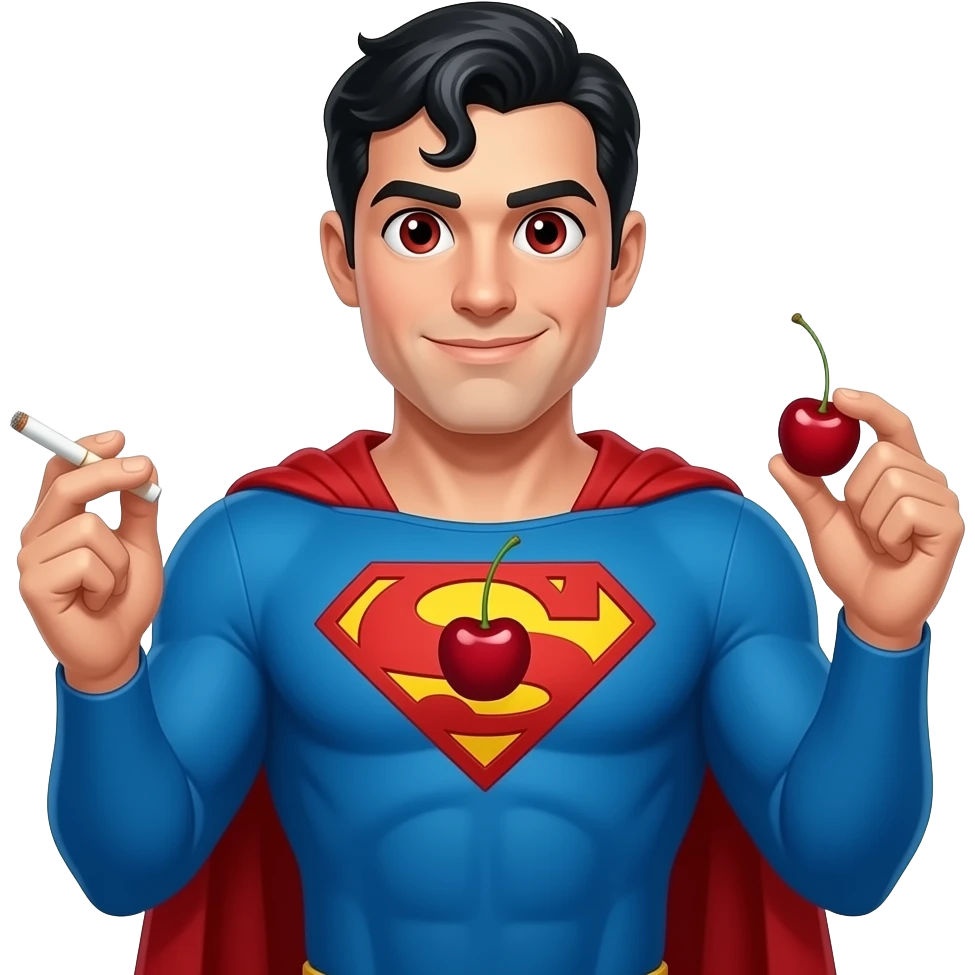 Make this with a cherry instead of the S embedded in the chest as part of the costume, the eyes have Cherries as pupils and the left hand is holding a joint and the right hand a cherry, Superman with his complete look emoji