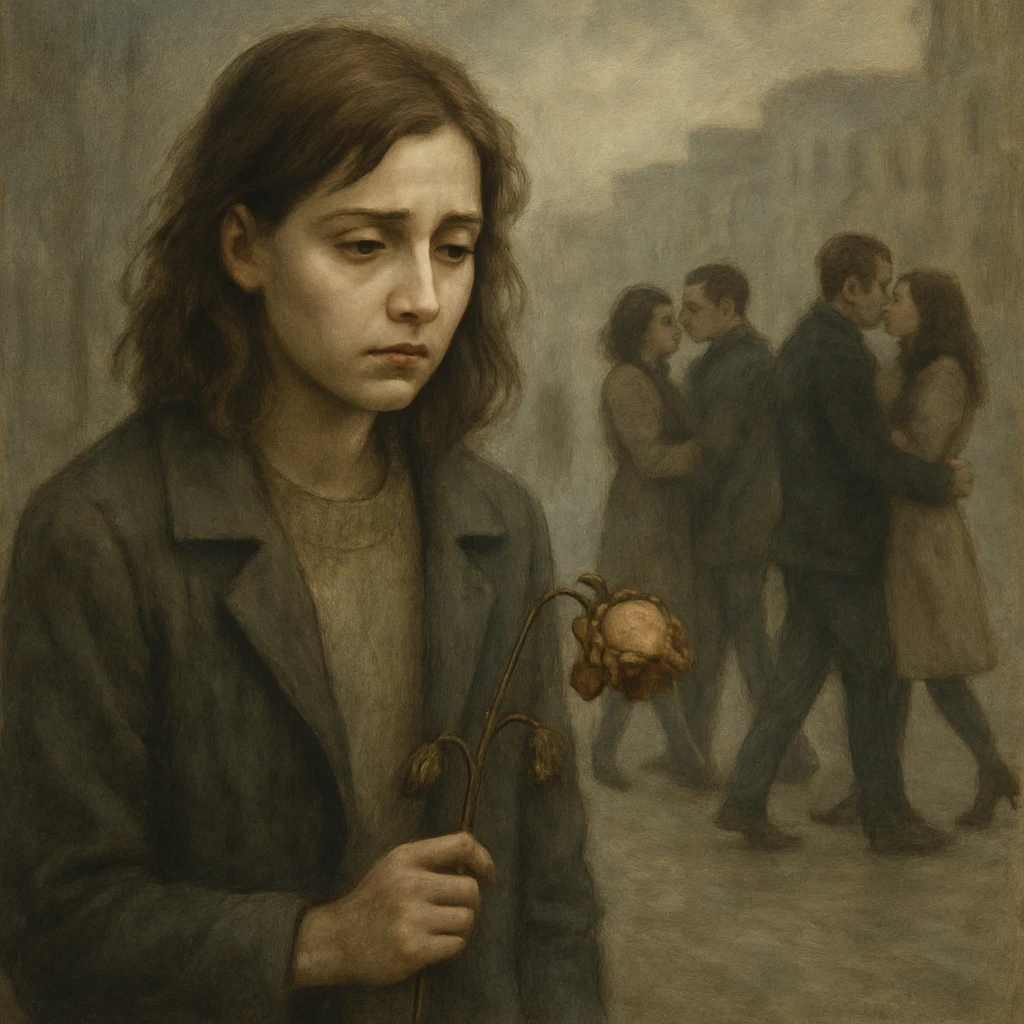 a woman with a lonely expression, holding a wilted flower, looking at couples passing by, feeling left out and unable to find love emoji