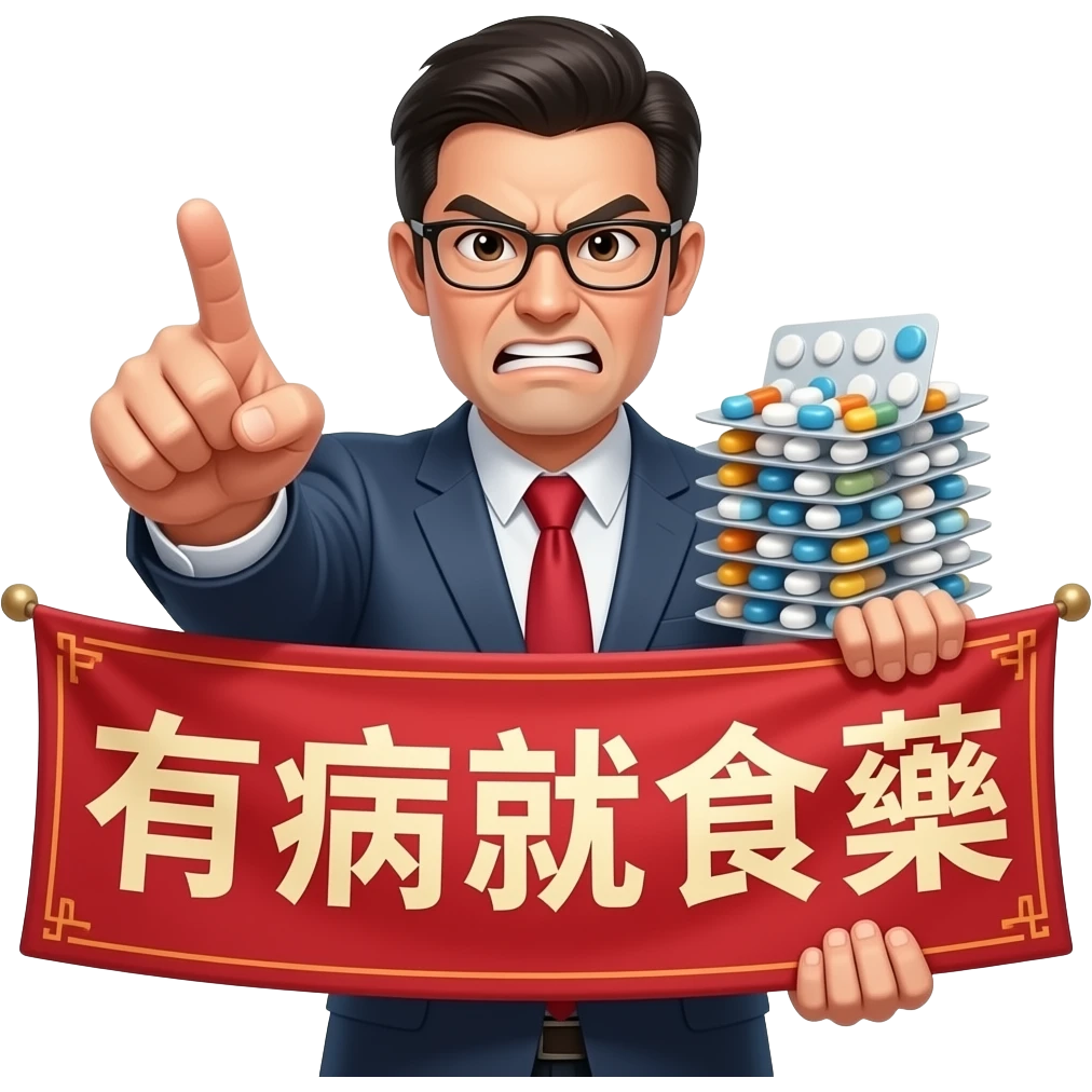 An angry man left hand pointing you, right hand holding plenty medicine with a chinese banner「有病就食藥」 emoji