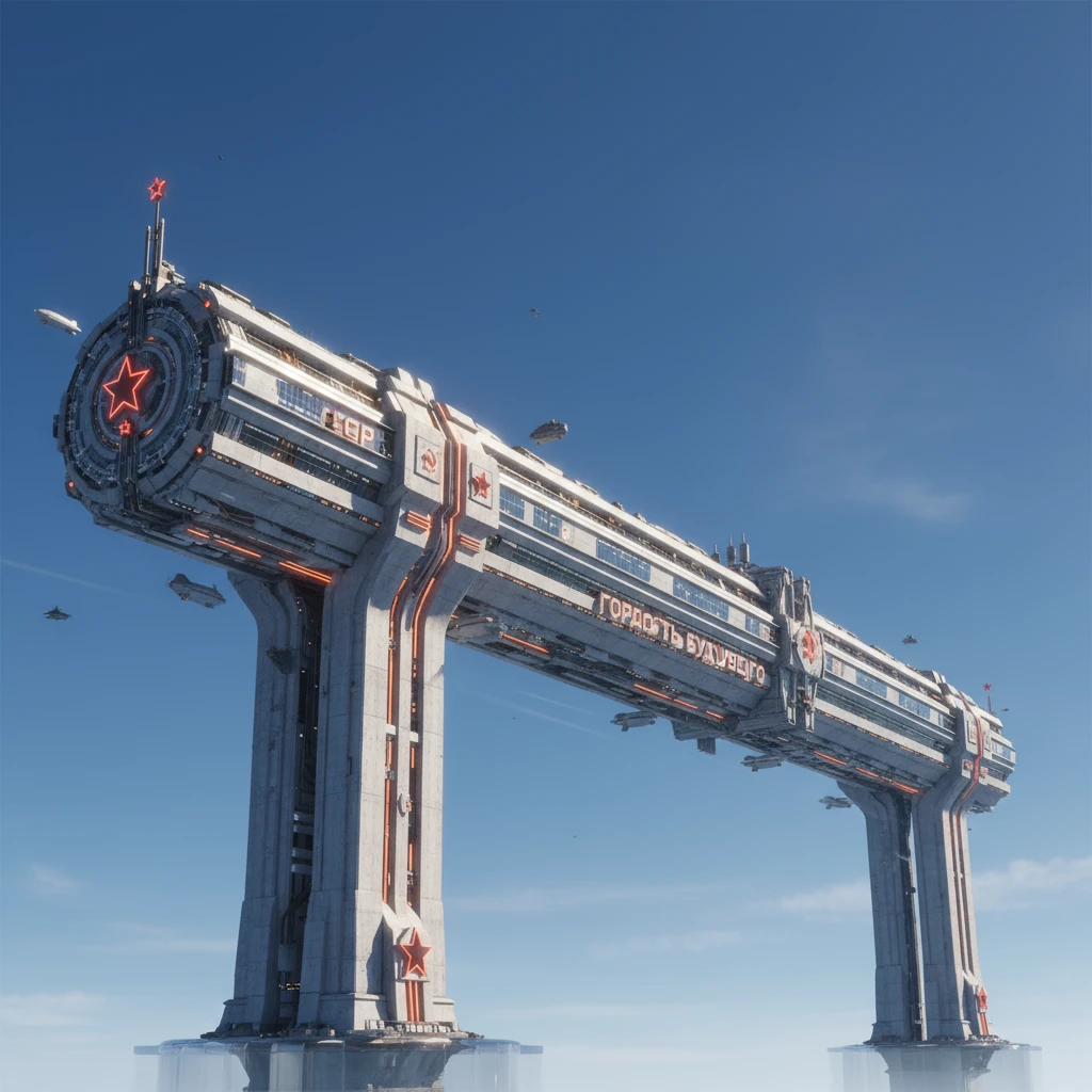 Небоскреб как будто из альтернативного СССР будущего. Две высокие стойки, как столбы. На них лежит огромный горизонтальный небоскреб, очень длинный в обе стороны.

Фотореализм. Прозрачный фон emoji