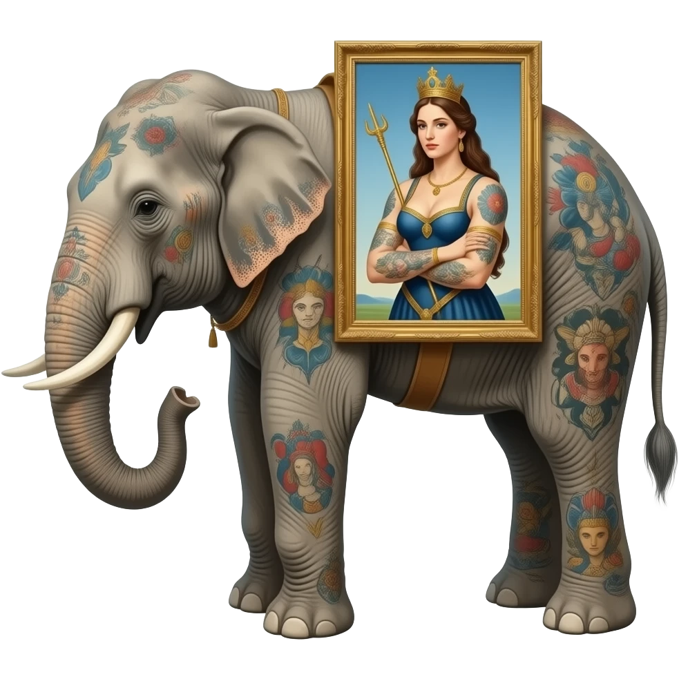 surreal - a tattooed elephant with long legs from Salvador Dali's paintings carry muscular Lady Godiva on their backs emoji