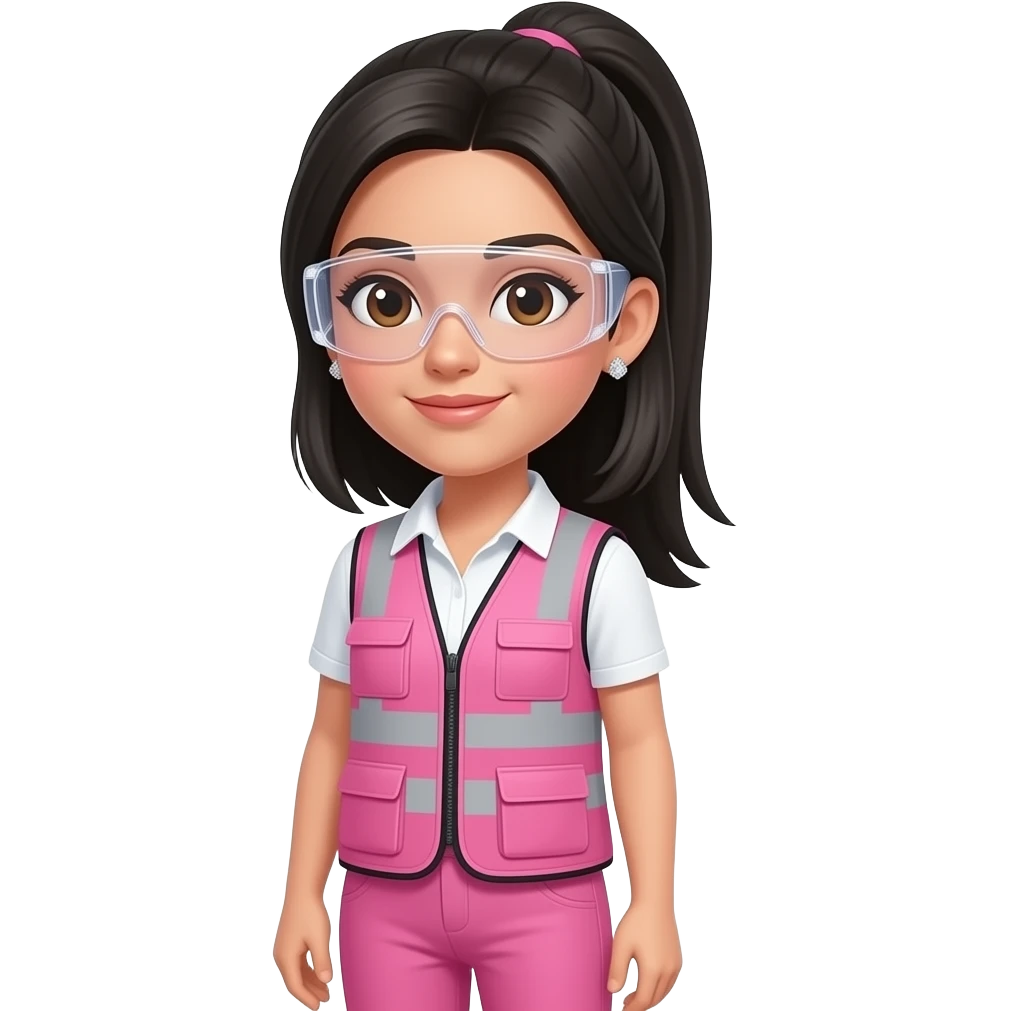 White women with brown eyes with neck length straight black hair in a ponytail wearing diamond earrings wearing pink and clear safety glasses wearing a pink construction vest wearing pink pants emoji