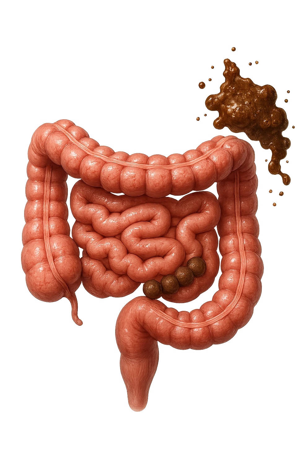 INTESTINO UMANO ANATOMICO REALISTICO CON FECI A PALLINE E FECI LIQUIDE CHE FLUTTUANO DIETRO BEN DISTINTE, IPERREALISTICO 4K emoji