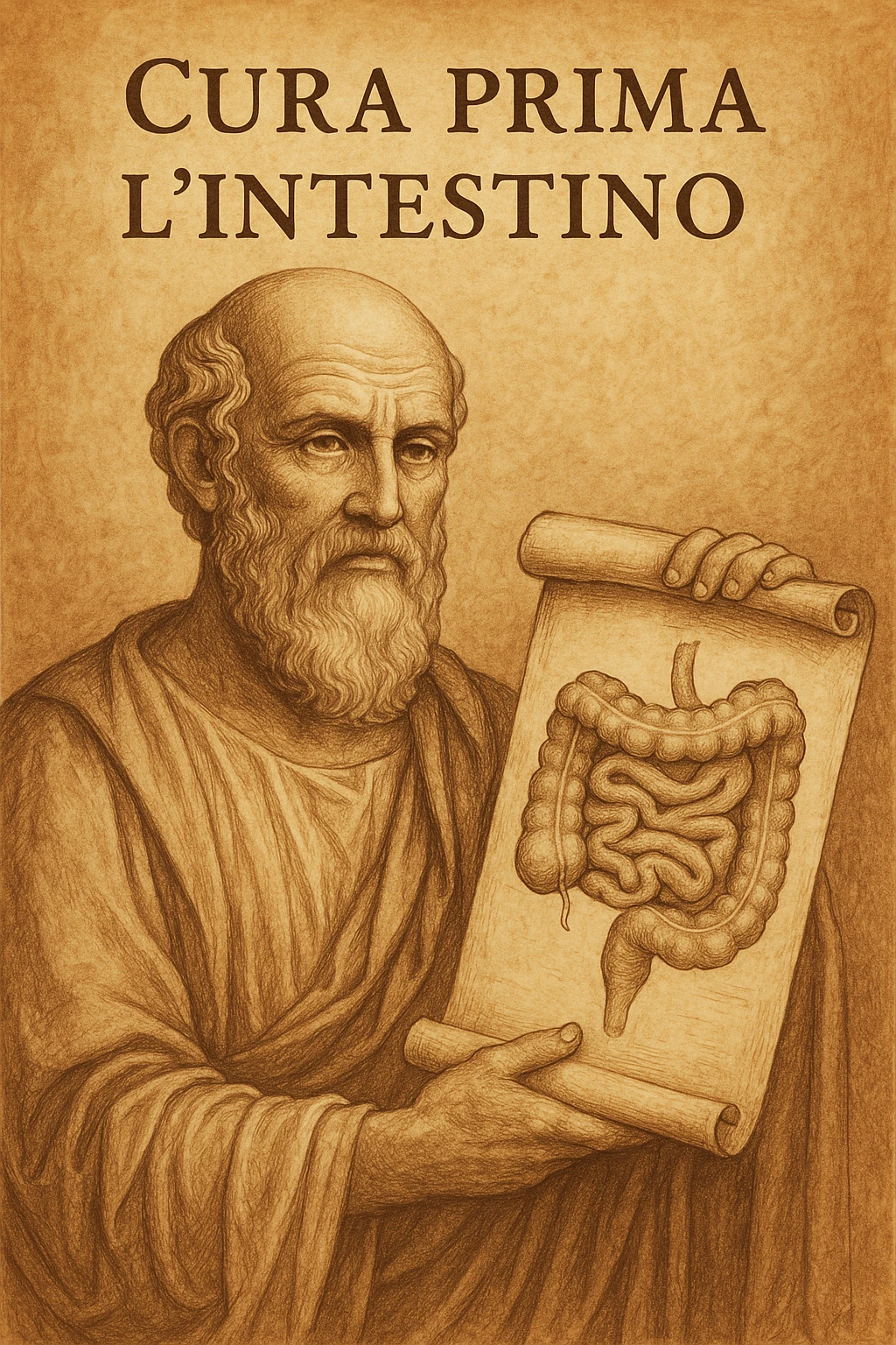 Vertical format: Hippocrates holding an ancient scroll with a drawing of an intestine, wise expression, Italian text: 'Cura prima l’intestino.' emoji