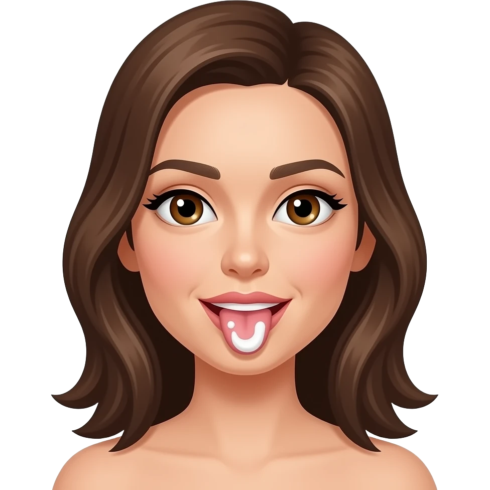 Women with brown eyes and hair have on tongue a lot of white cream emoji