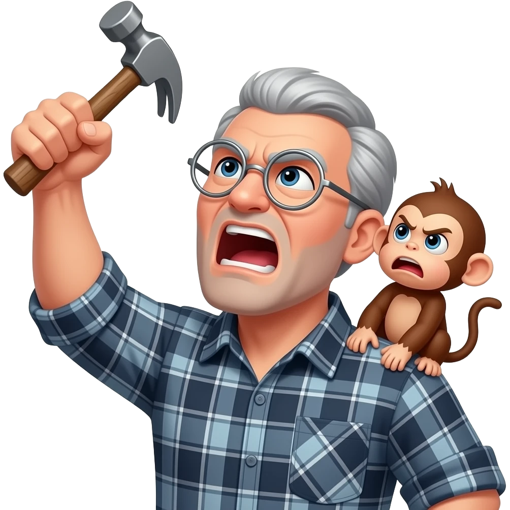 Angry old man with a plaid shirt with silver round glasses with grey hair and no beard or mustache yelling at the sky and shaking his fist angrily at the sky with a hammer in his left hand and a angry baby monkey on his shoulder. emoji
