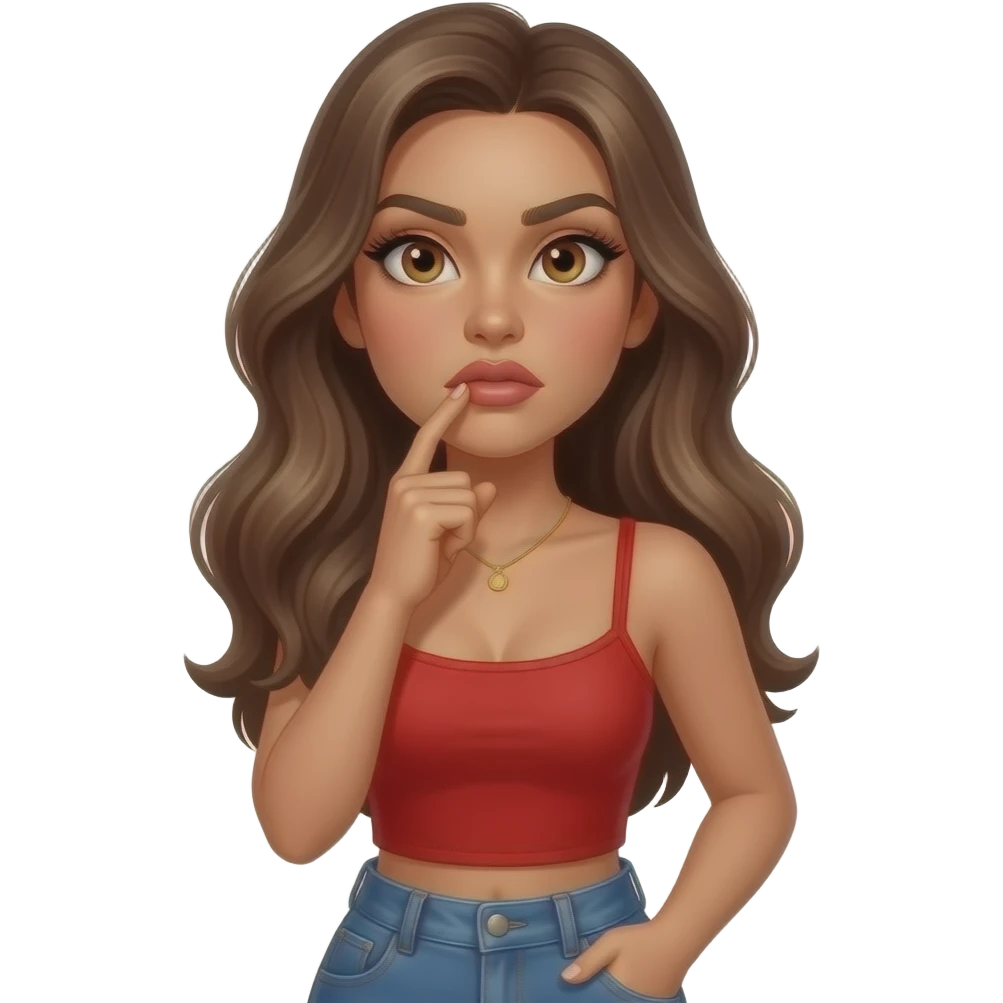 Fingers on lips and thinking looking up frustrated woman with tan glowy skin, hazel eyes almond with long lashes,, full lips, dark blonde flowing hair, delicate feminine sexy features, wearing a red tube top and blue jeans, confident and femenine and glam makeup. Intense seductive look. REALISTIC emoji