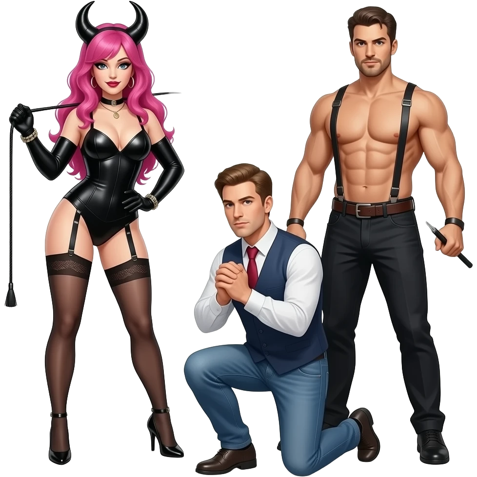 Una dominatrice con i capelli rosa con la frusta, un dominatore con una frusta, e un uomo inginocchiato emoji