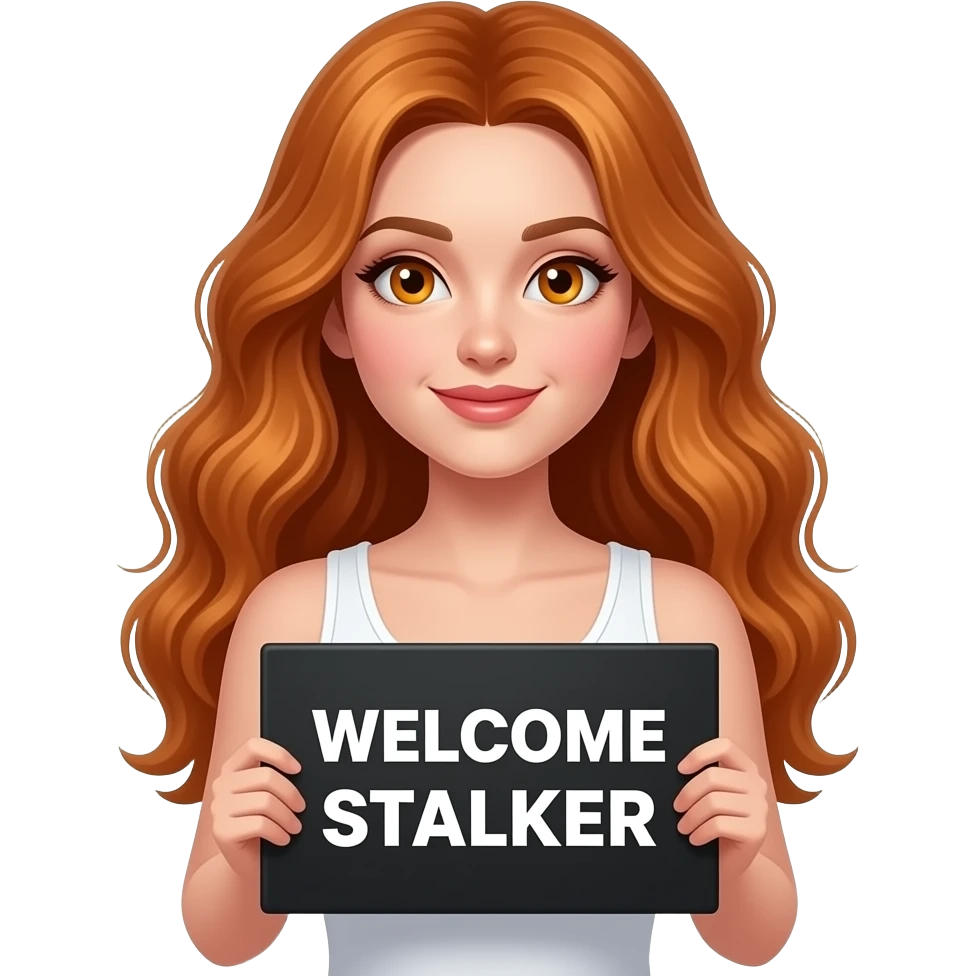 sexy girl with long wavy ginger hair and ginger eyes wearing a white tanktop is holding a black colored sign with WELCOME STALKER written on it emoji