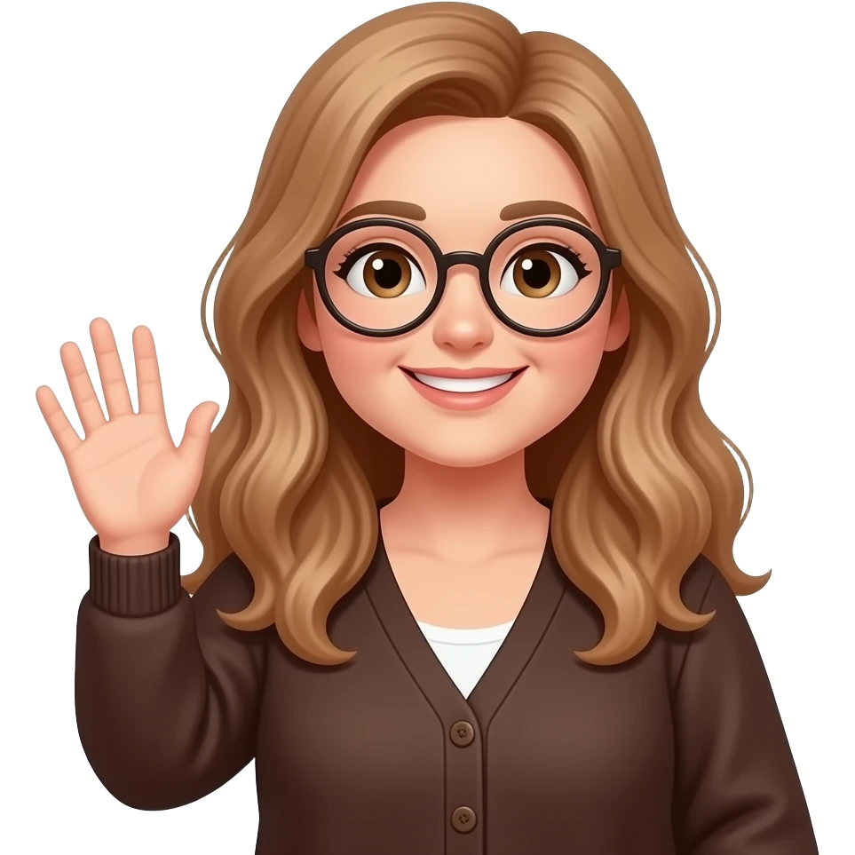 detailed emoji illustration of a curvy woman with long light brown wavy hair, light brown eyes and round glasses waving with one hand, wearing a dark old brown cardigan, friendly and cheerful expression, cute emoji style emoji