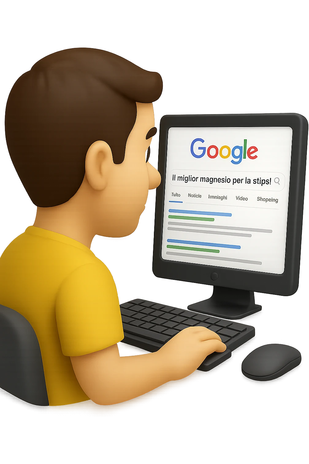 emoji stile iphone di un uomo davanti al pc che cerca di google: "Il miglior magnesio per la stipsi", iperrealistico 4k emoji