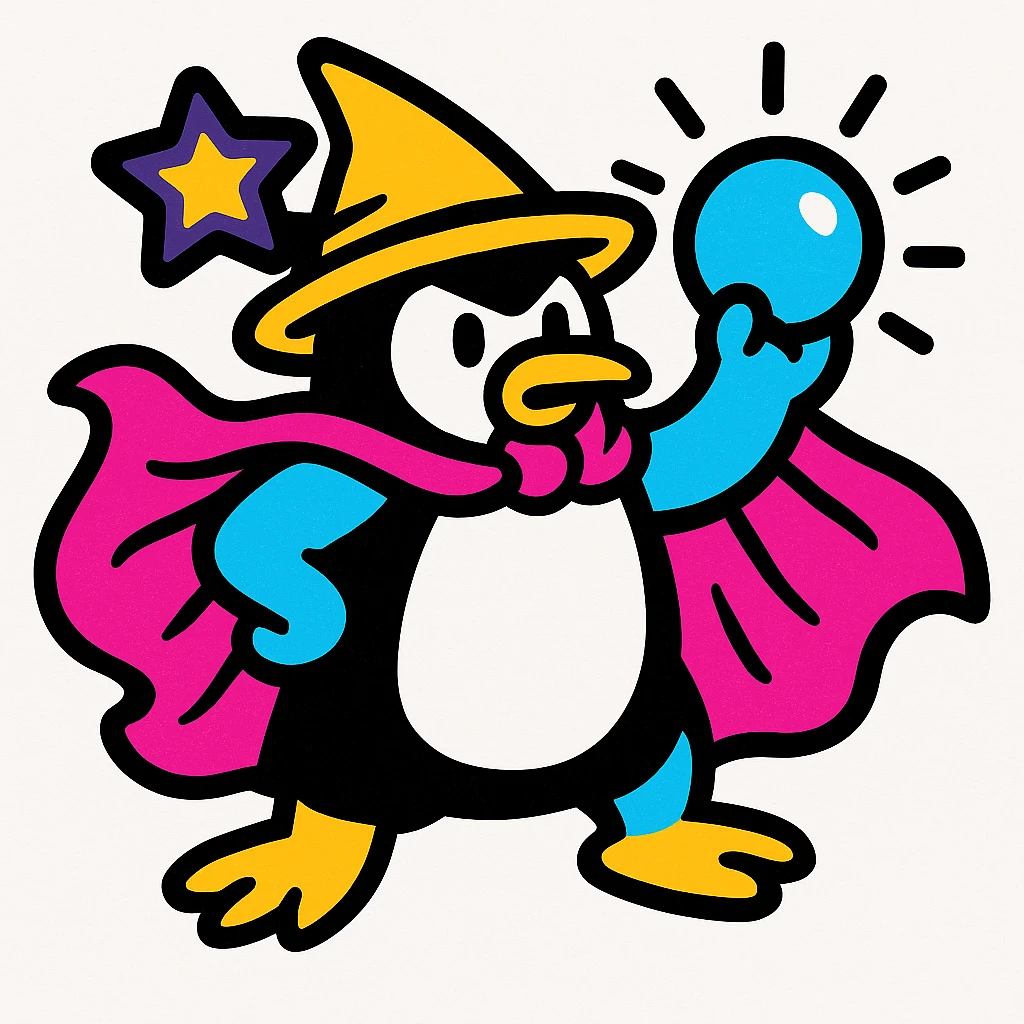 Add a magical star accessory inspired by the black star in the first reference image to the penguin wizard's hat. The star should look like a magical emblem, bold and colorful in style, matching the vibrant toon style. emoji