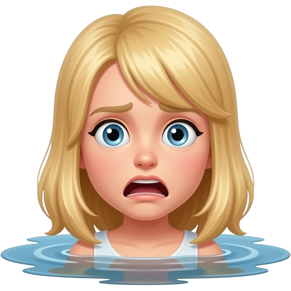 a blonde haired girl scared looking at the water of a lake emoji