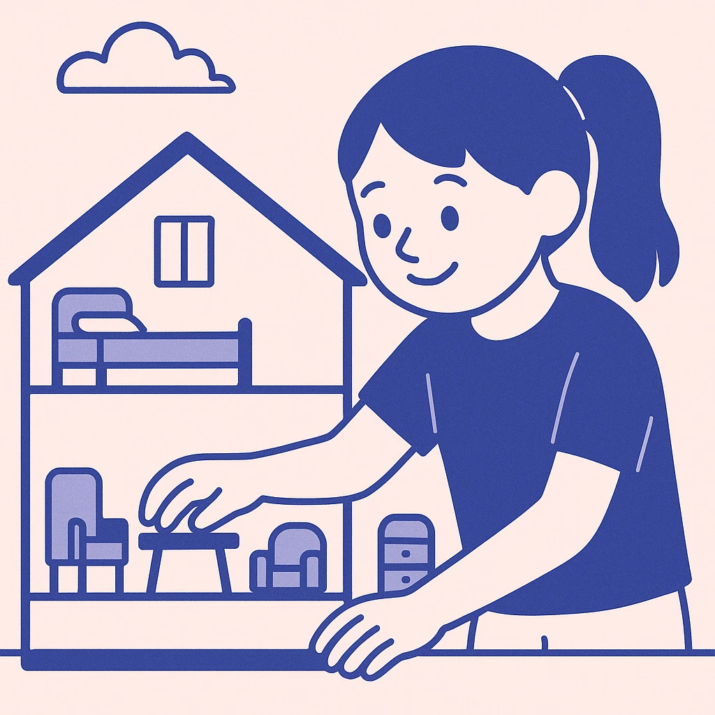 smiling girl arranging furniture in doll house emoji