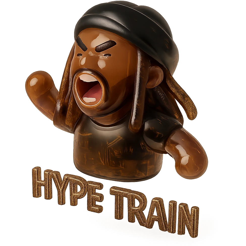 Brownskin man with long brown dreadlocks 
black  t-shirt 
black turban 
expression is yelling 
Add the word HYPE TRAIN emoji