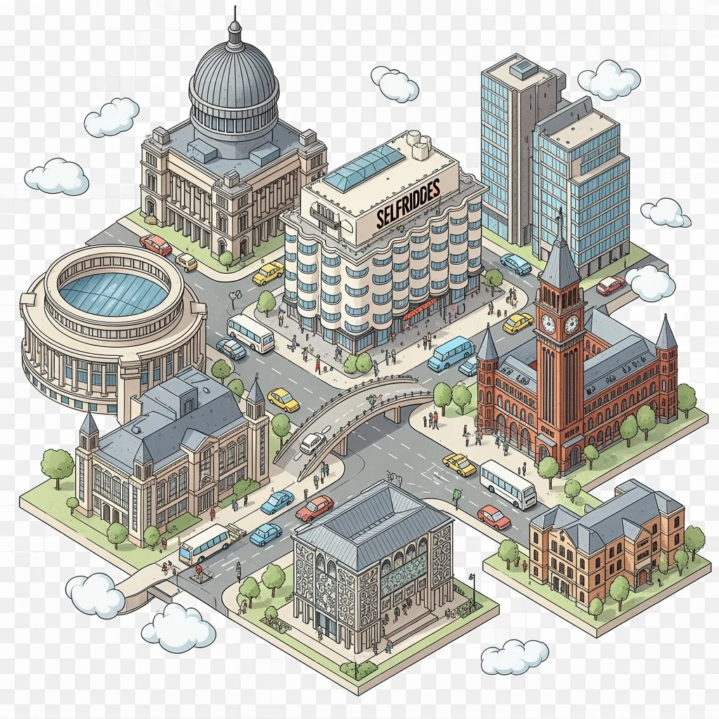 Isometric illustration of the Birmingham with iconic cities landmark, miniature slightly hand-drawn style, transparent background. emoji