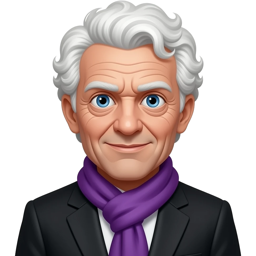 old skinny creepy man, lots of wrinkles on the skin, white curled hairs, black suit, pruple scarf emoji