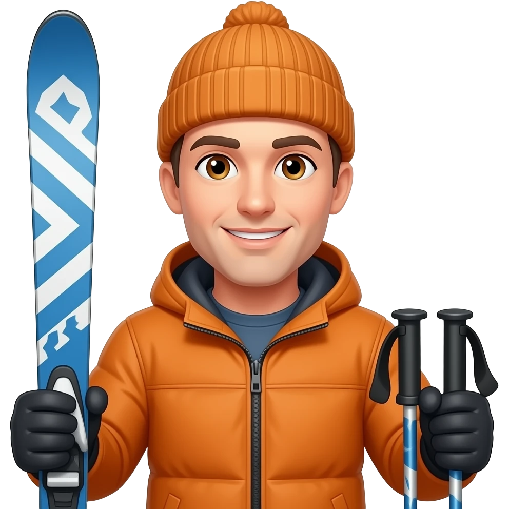 man, clean shaved, holding blue and white patterned skis in one hand and poles in the other, no helment, hazel eyes, organge jacket, wooly hat emoji