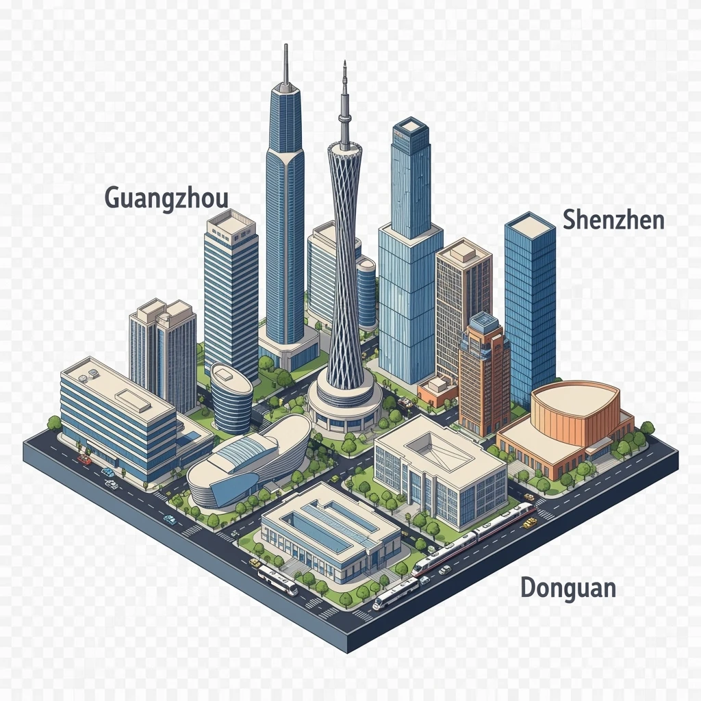 Isometric minimalistic illustration of mix Guangzhou, Shenzhen and Dongguan subtle 3D miniature effect and Tilt Shift effect, no cartoonish look, transparent background. emoji