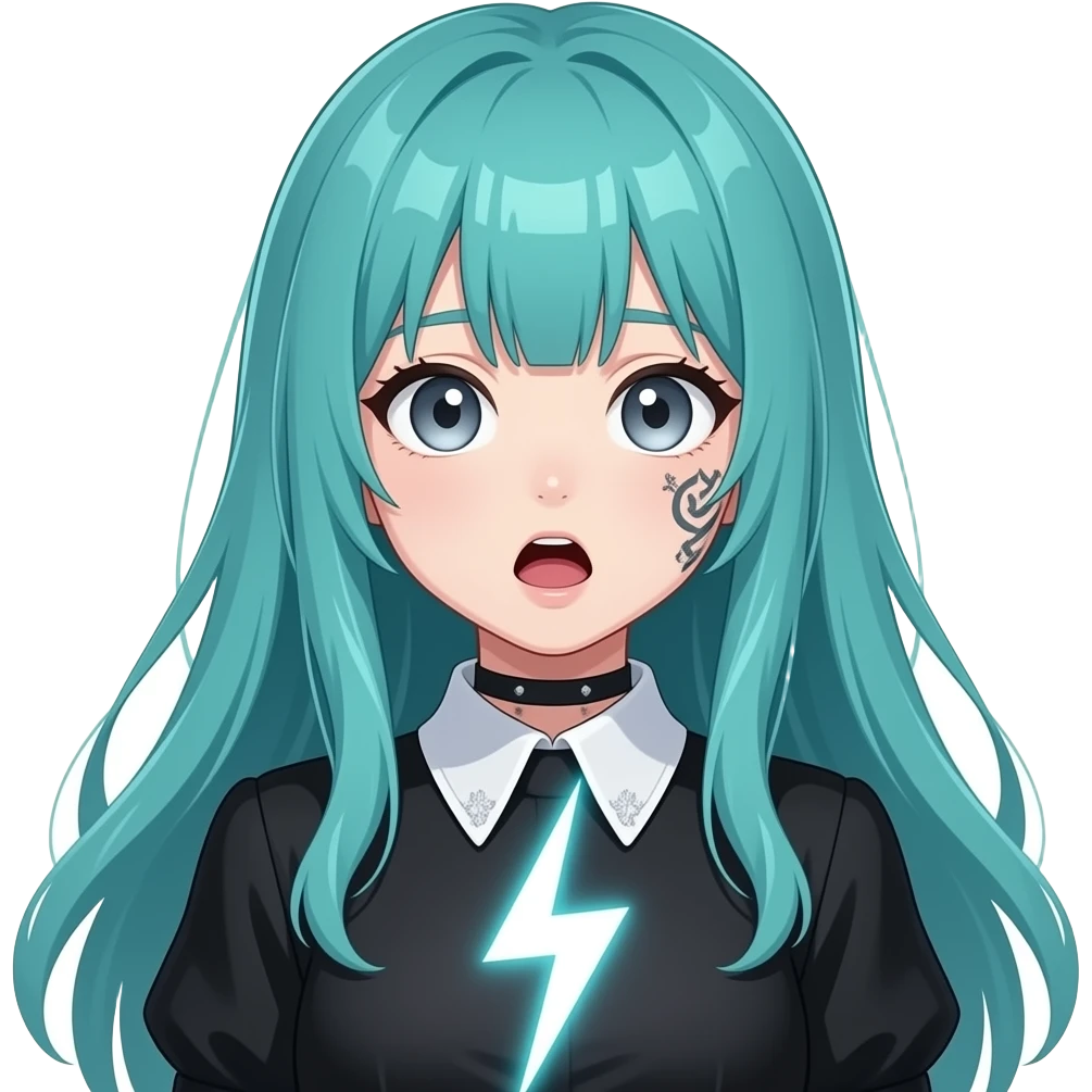 anime girl, shocked , lightning, face tattoos, long flowing teal hair, grey eyes, black shoulder cyberpunk blouse with fancy white collar emoji