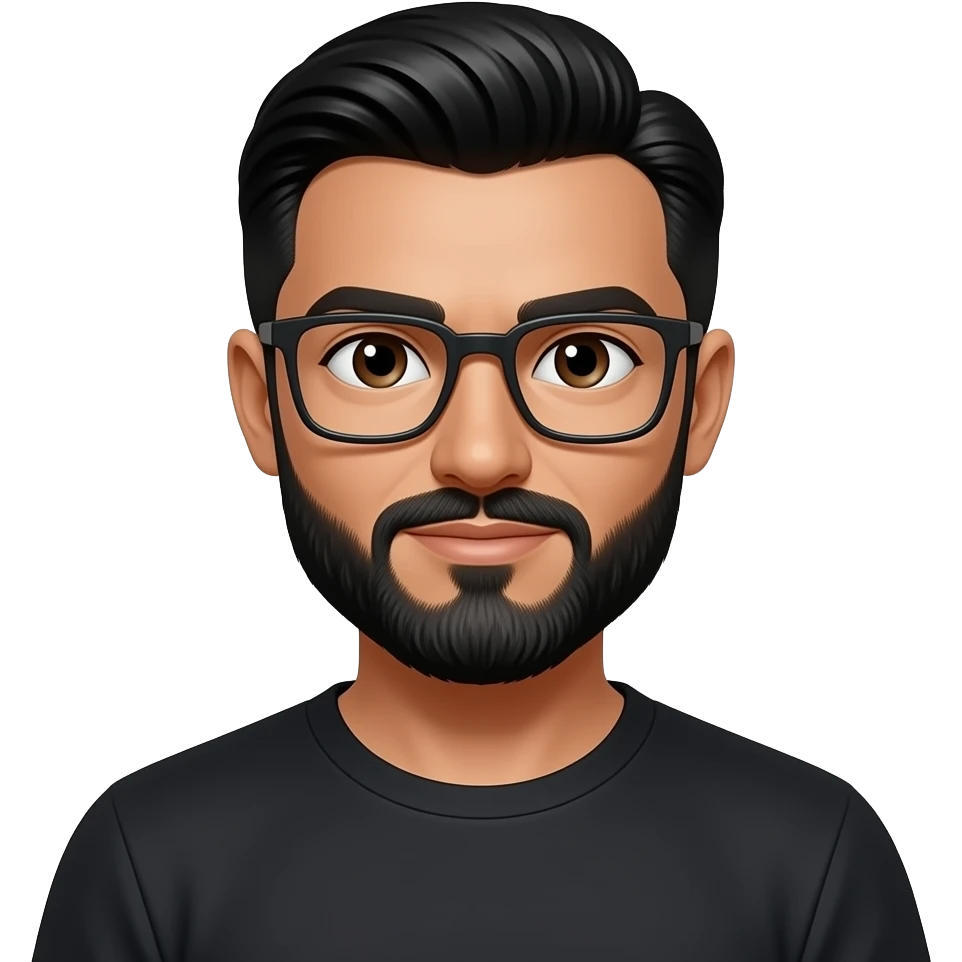 black slick back hair, tan skin, black beard, with squar glasses, brown eyes, black tee shirt emoji